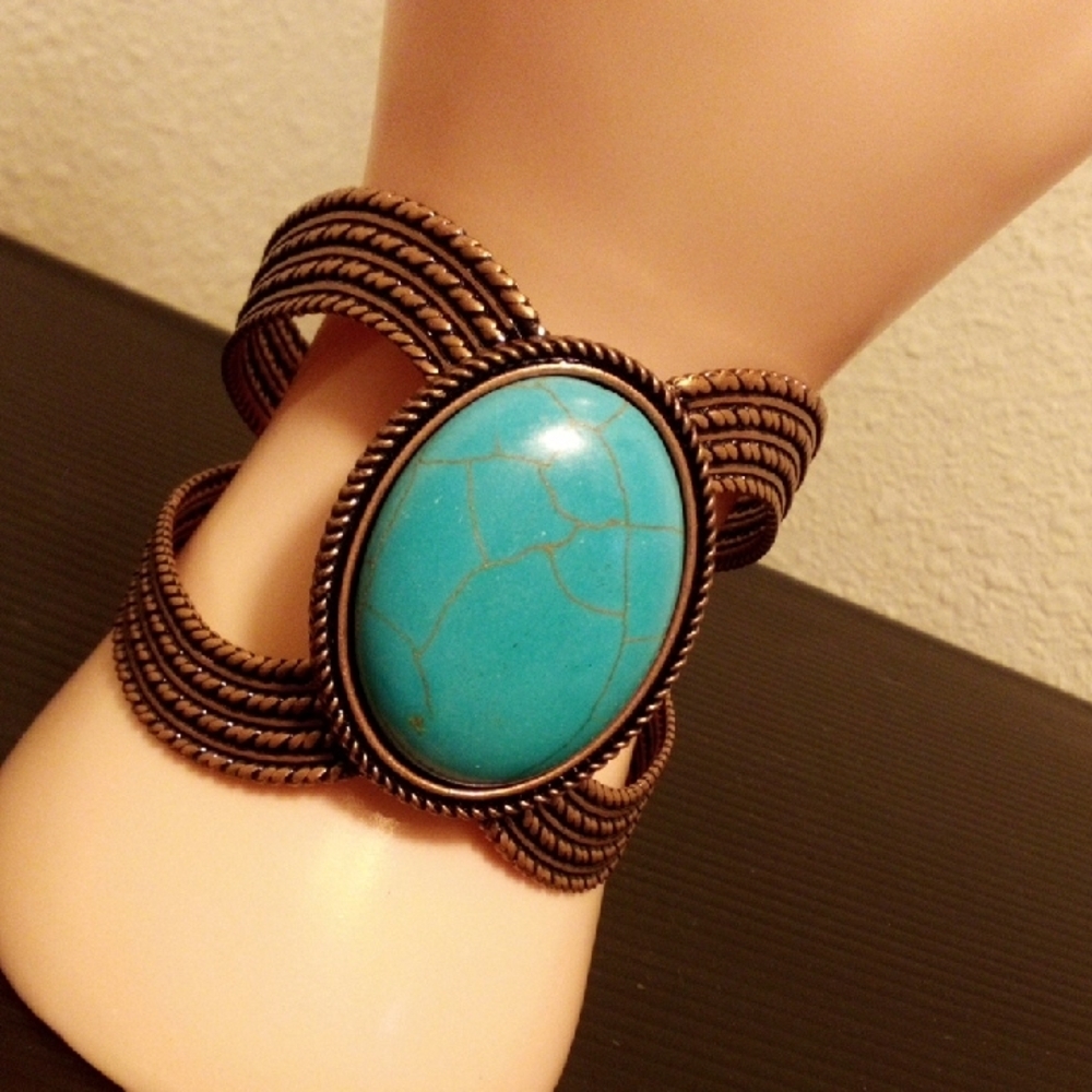 Turquoise Stone Bronze Cuff Bracelet - Women Jewelry